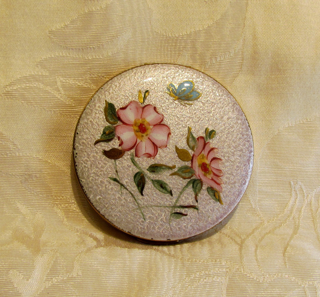 Vintage Guilloche Compact 1950s Powder Mirror Floral Butterfly Compact