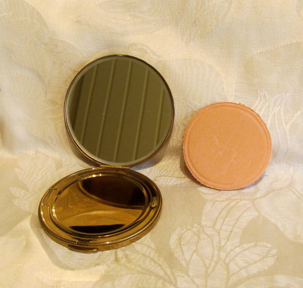 Vintage Guilloche Compact 1950s Powder Mirror Floral Butterfly Compact