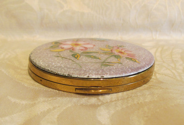 Vintage Guilloche Compact 1950s Powder Mirror Floral Butterfly Compact