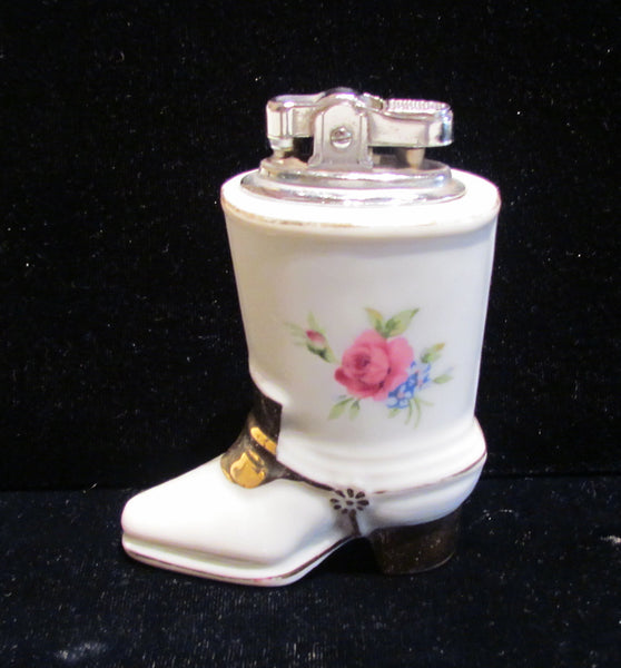 1940s Table Lighter Cigarette Lighter Vintage Lighter Porcelain Lighter Floral Silver Ceramic Boot WORKING