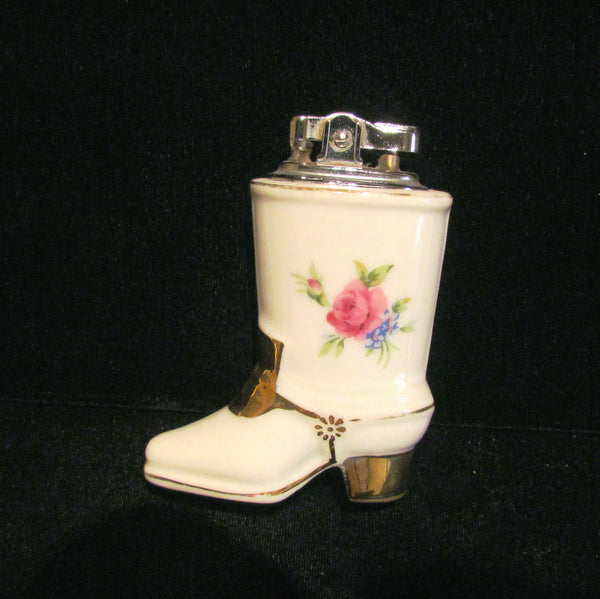 1940s Table Lighter Cigarette Lighter Vintage Lighter Porcelain Lighter Floral Silver Ceramic Boot WORKING