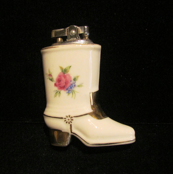 1940s Table Lighter Cigarette Lighter Vintage Lighter Porcelain Lighter Floral Silver Ceramic Boot WORKING