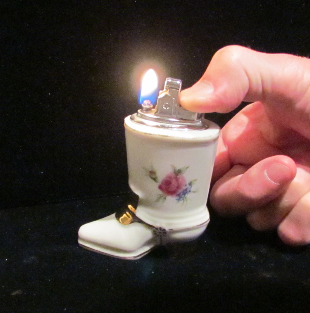 1940s Table Lighter Cigarette Lighter Vintage Lighter Porcelain Lighter Floral Silver Ceramic Boot WORKING