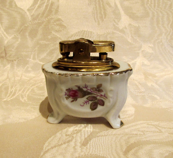 Vintage Porcelain Table Lighter Floral Ceramic Tabletop Lighter Hand Painted Working