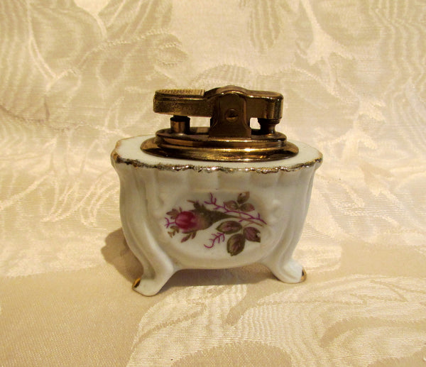 Vintage Porcelain Table Lighter Floral Ceramic Tabletop Lighter Hand Painted Working