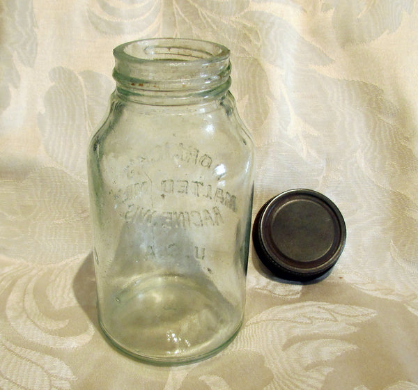 Horlick's Malted Milk Bottle  Antique Mason Jar Glass Storage Canning Jar Racine Wisconsin USA