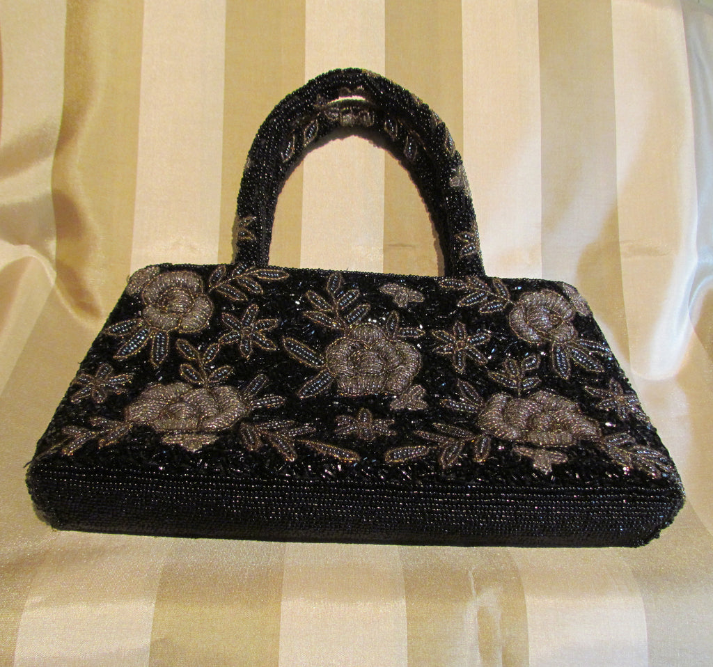 Vintage Black Beaded Purse Black Iridescent Floral Bead Bag Formal Mint Condition