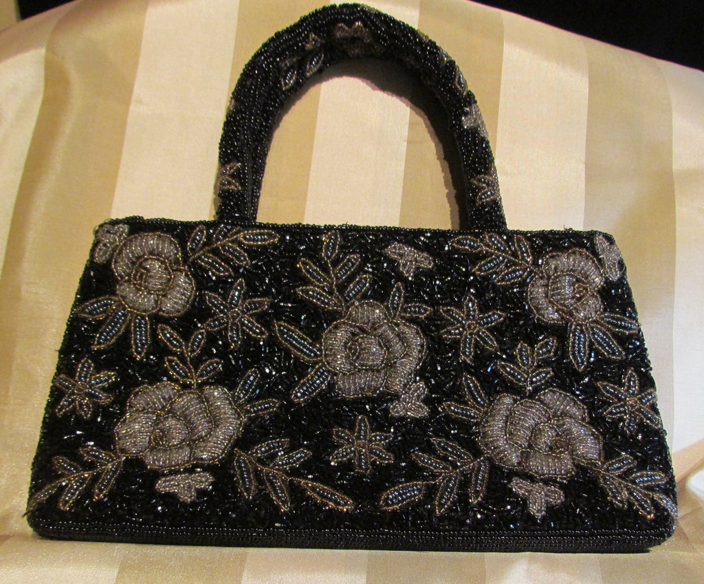 Vintage Pin Handbag, Black Silk Clutch with Beaded Strap