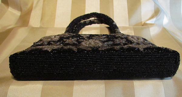 Vintage Black Beaded Purse Black Iridescent Floral Bead Bag Formal Mint Condition