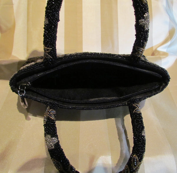 Vintage Black Beaded Purse Black Iridescent Floral Bead Bag Formal Mint Condition