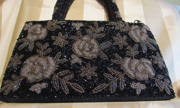 Vintage Black Beaded Purse Black Iridescent Floral Bead Bag Formal Mint Condition