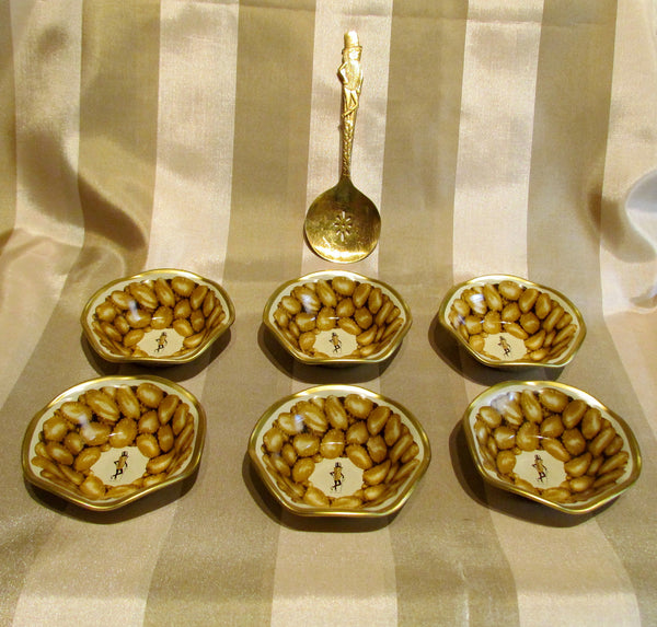 Vintage Mr Peanut Serving Set Gold Spoon 6 Peanut Dishes