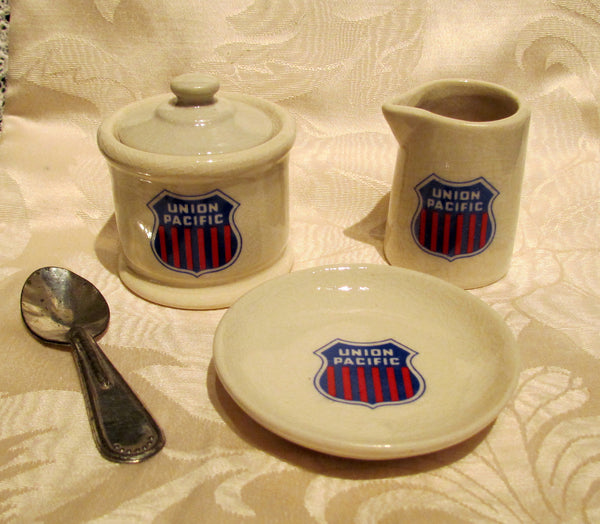1940s Union Pacific Ceramic Serving Set Creamer Sugar Bowl w/Spoon And Butter Dish