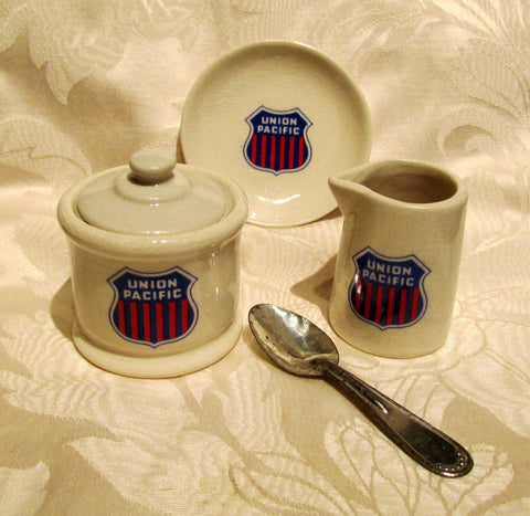 1940s Union Pacific Ceramic Serving Set Creamer Sugar Bowl w/Spoon And Butter Dish