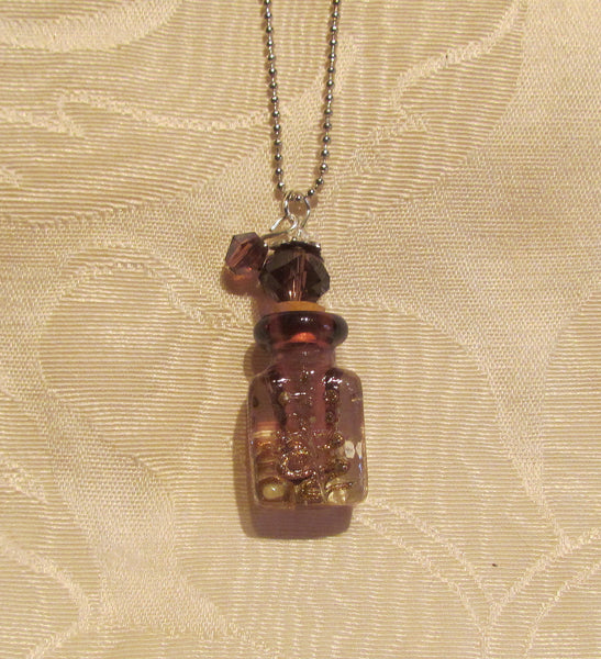 Murano Perfume Bottle Necklace Handmade Lampwork Art Glass Silver Purple Pendant Bottle