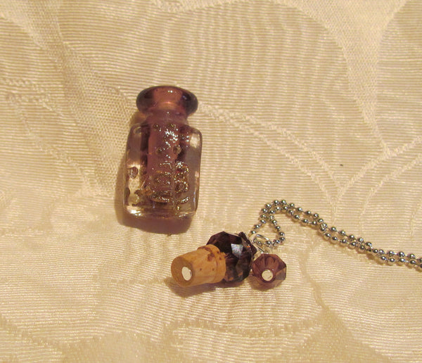 Murano Perfume Bottle Necklace Handmade Lampwork Art Glass Silver Purple Pendant Bottle