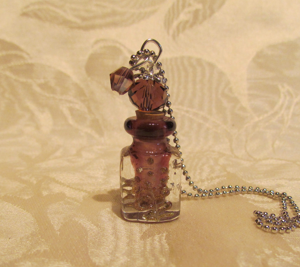 Murano Perfume Bottle Necklace Handmade Lampwork Art Glass Silver Purple Pendant Bottle
