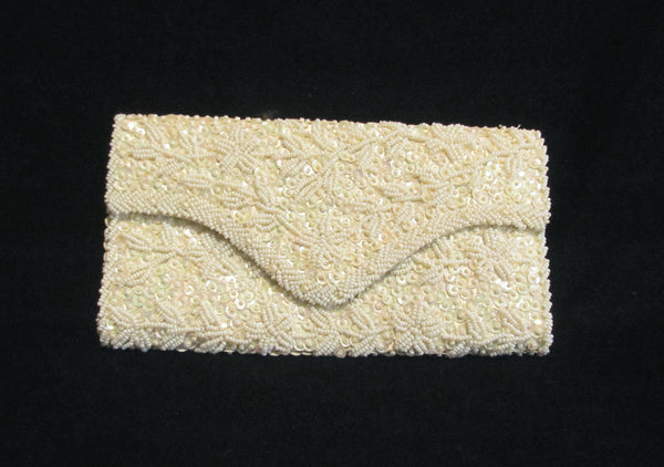 White Beaded Clutch Purse Iridescent Sequins With Matching Change Purse Mint Unused 1950s Bridal Bag