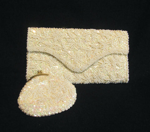 White Beaded Clutch Purse Iridescent Sequins With Matching Change Purse Mint Unused 1950s Bridal Bag
