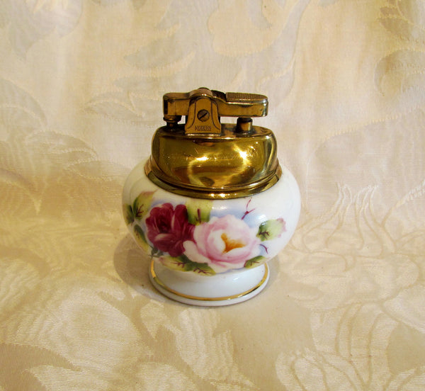 1940s Table Lighter Cigarette Lighter Vintage Hand Painted Bone China Floral Gold Ceramic WORKING
