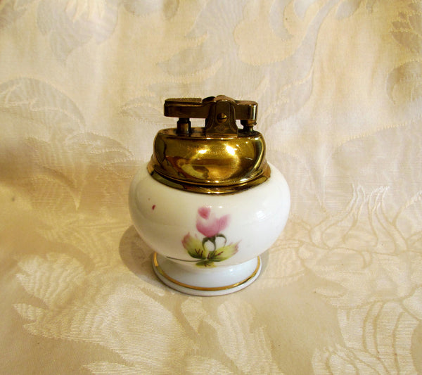 1940s Table Lighter Cigarette Lighter Vintage Hand Painted Bone China Floral Gold Ceramic WORKING
