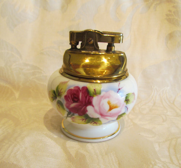 1940s Table Lighter Cigarette Lighter Vintage Hand Painted Bone China Floral Gold Ceramic WORKING