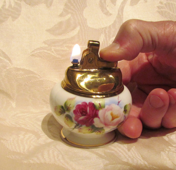 1940s Table Lighter Cigarette Lighter Vintage Hand Painted Bone China Floral Gold Ceramic WORKING