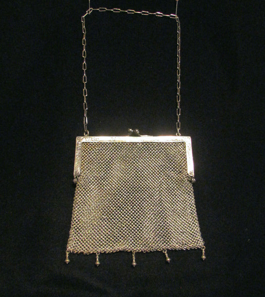 Antique German Silver Purse ChainMail Purse Victorian Mesh Bag Pink Cabochon Clasp