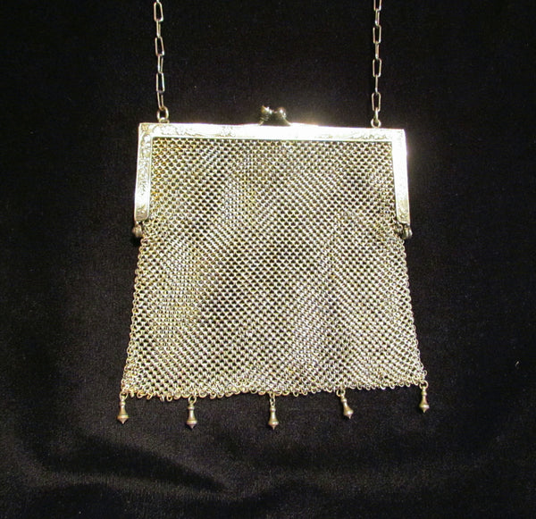 Antique German Silver Purse ChainMail Purse Victorian Mesh Bag Pink Cabochon Clasp