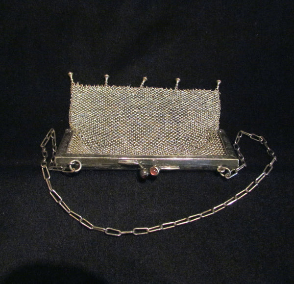 Antique German Silver Purse ChainMail Purse Victorian Mesh Bag Pink Cabochon Clasp