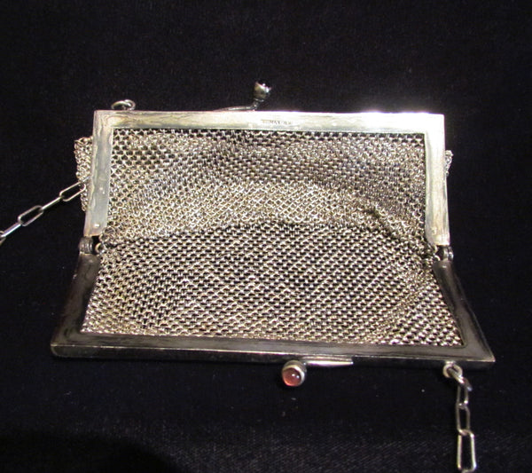 Antique German Silver Purse ChainMail Purse Victorian Mesh Bag Pink Cabochon Clasp