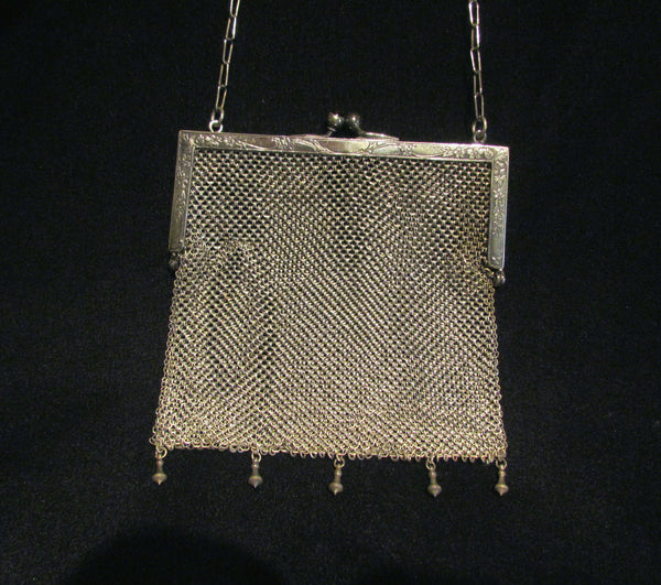 Antique German Silver Purse ChainMail Purse Victorian Mesh Bag Pink Cabochon Clasp