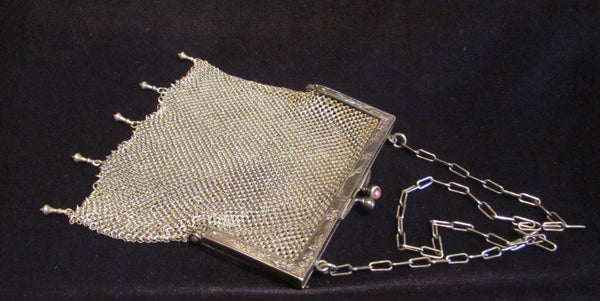 Antique German Silver Purse ChainMail Purse Victorian Mesh Bag Pink Cabochon Clasp