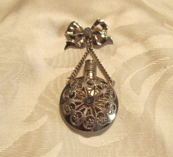 Gold Perfume Bottle Brooch Vintage Rhinestone Pin 1940's Perfume Vial