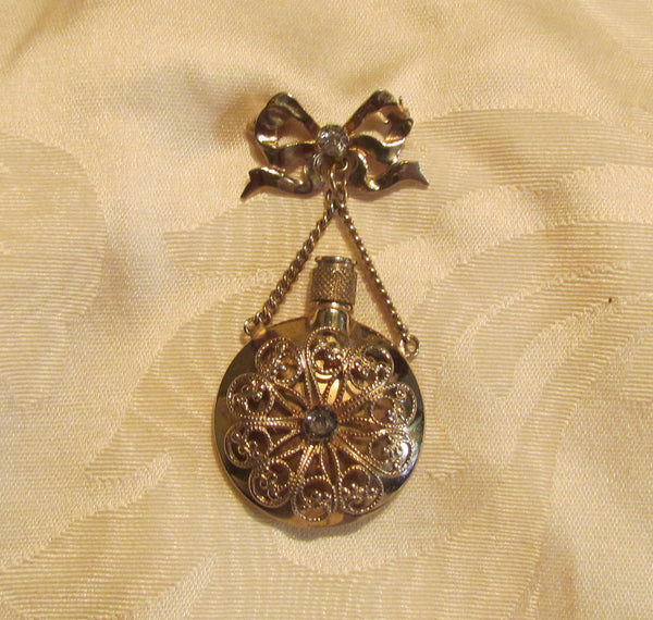 Gold Perfume Bottle Brooch Vintage Rhinestone Pin 1940's Perfume Vial