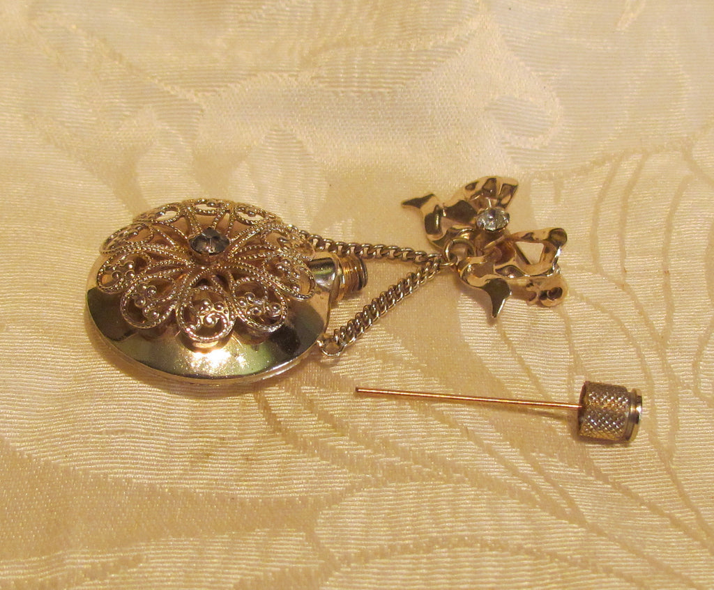 Gold Perfume Bottle Brooch Vintage Rhinestone Pin 1940's