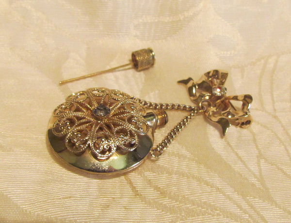 Gold Perfume Bottle Brooch Vintage Rhinestone Pin 1940's Perfume Vial