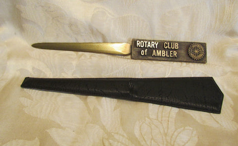 1930s Rotary Club Letter Opener Ambler Pennsylvania Brass With Leather Sleeve