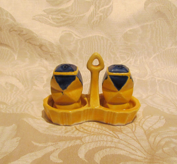 Salt & Pepper Shakers Set 1930s Pair Of Shakers Yellow Blue With Holder