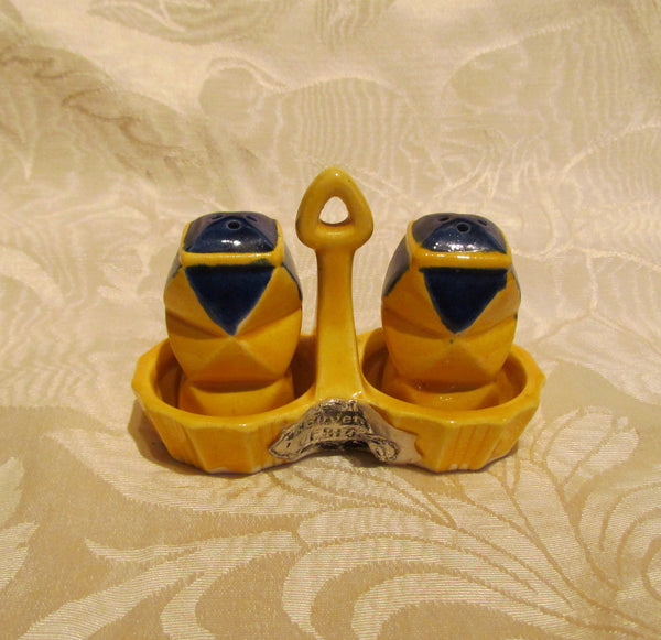Salt & Pepper Shakers Set 1930s Pair Of Shakers Yellow Blue With Holder