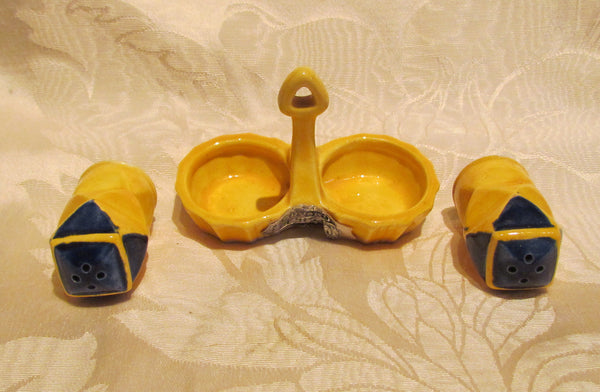 Salt & Pepper Shakers Set 1930s Pair Of Shakers Yellow Blue With Holder