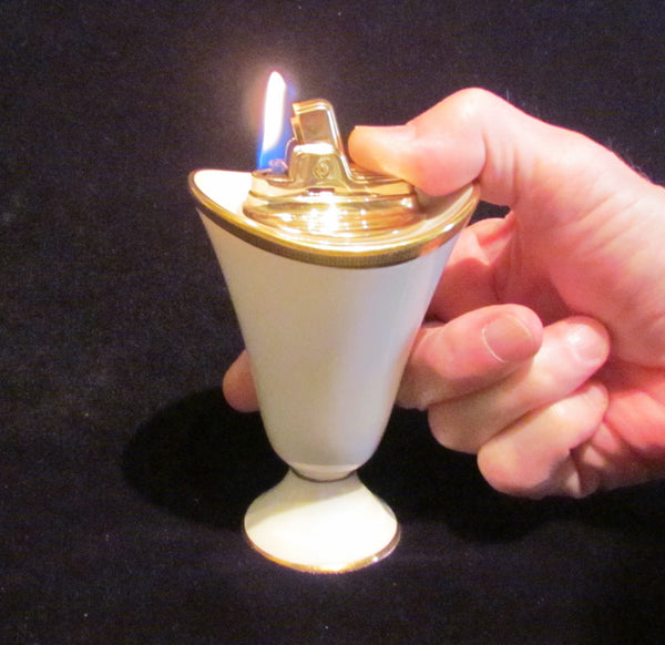 Lenox Ronson Table Lighter Set 1950s Tuxedo Gold Mid Century Working Lighter