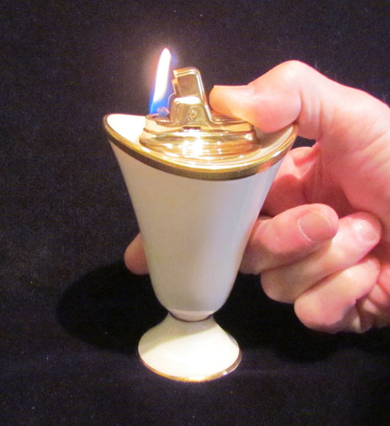 Lenox Ronson Table Lighter Set 1950s Tuxedo Gold Mid Century Working Lighter