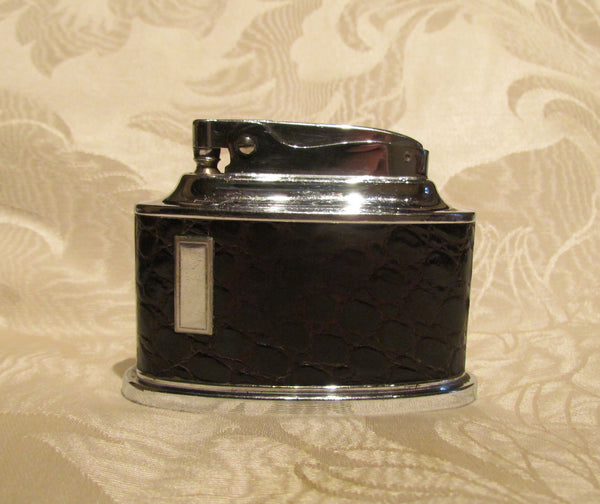 Ronson Senator Table Lighter 1950s Brown Leather Chrome Working Lighter