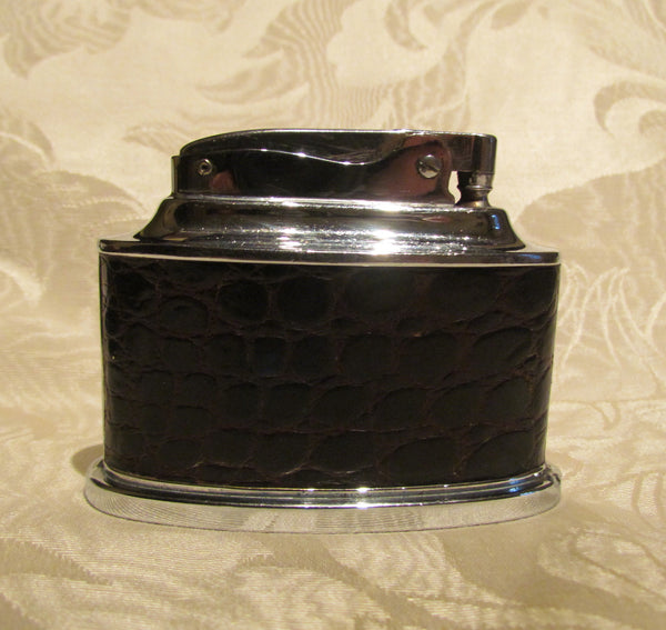 Ronson Senator Table Lighter 1950s Brown Leather Chrome Working Lighter