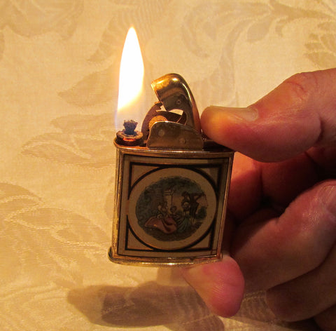 Vintage Evans Enamel Lighter Victorian Courting Scene Pocket Purse Lighter Working Condition