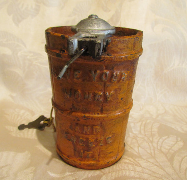 Cast Iron Coin Bank Antique Ice Cream Churn Freeze It Bank With Key 1875 Patent Date
