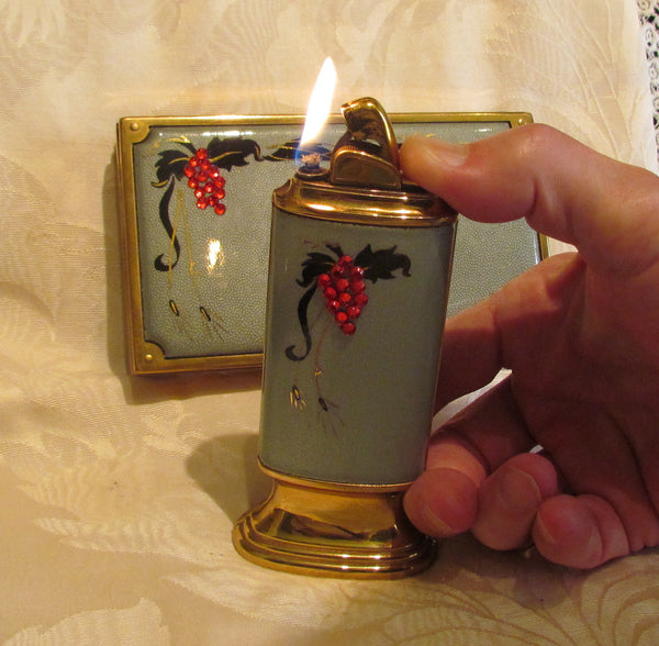 Evans Guilloche Cigarette Box And Lighter Smoking Set Grey Enamel Red Rhinestone Working Lighter
