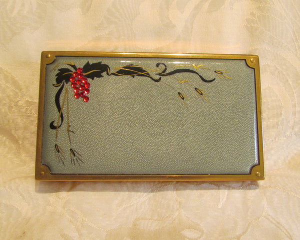 Evans Guilloche Cigarette Box And Lighter Smoking Set Grey Enamel Red Rhinestone Working Lighter
