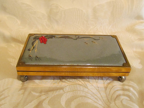 Evans Guilloche Cigarette Box And Lighter Smoking Set Grey Enamel Red Rhinestone Working Lighter